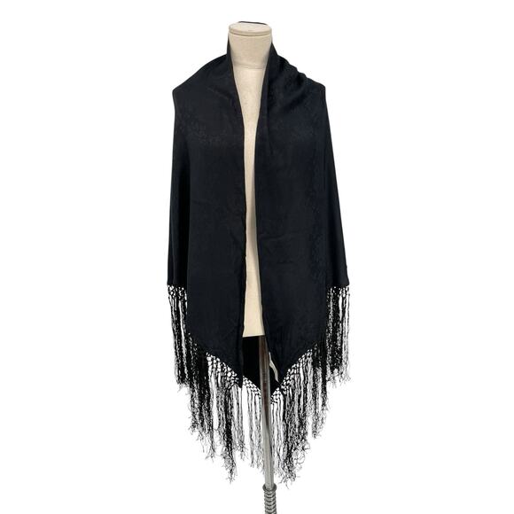 Vintage Piano Scarf Shawl Fringe Black Rose Damask Triangle Lord & Taylor